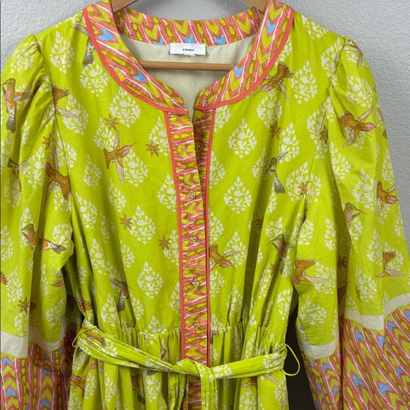 A Loves A Hummingbird Print Maxi Dress Balloon Sleeve Button Front Green RARE XL - Picture 6 of 11